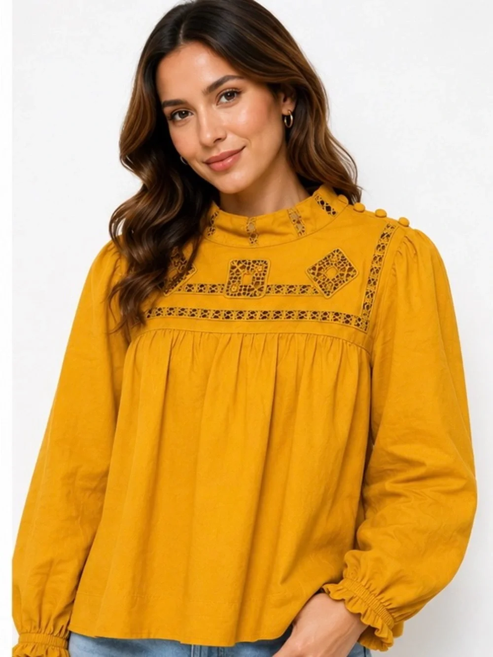 Free People Mustard Embroidered High Neck Cotton Boho Blouse XS